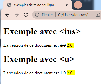 Les balises <ins> et <u>